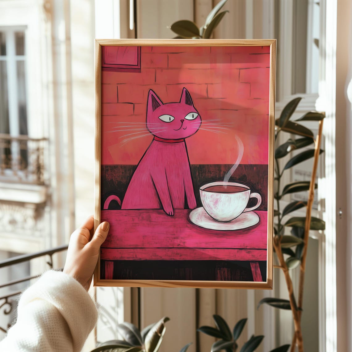 Pink Cat With Coffee Cup Whimsical Kitchen Cafe Decor Poster - Image 4