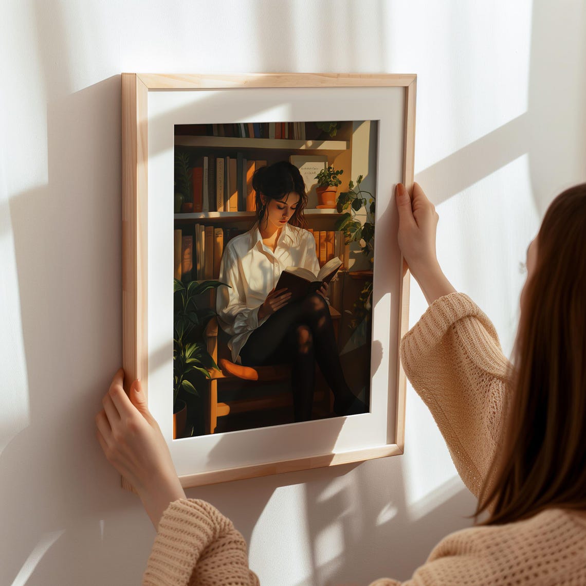 Woman Absorbed In A Book In Sunlit Home Library Corner Poster - Image 6