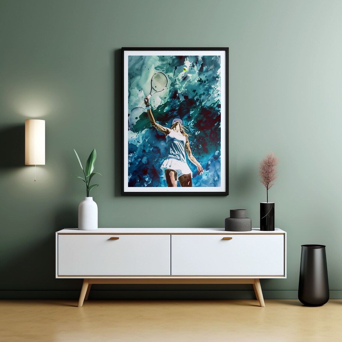 Female Tennis Player Serving Teal Watercolor Sports Art Print - Image 7