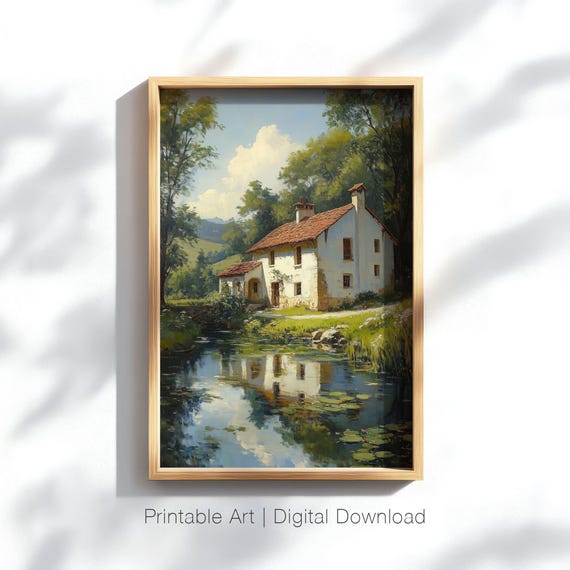 Cottage By The Pond Art Print Rustic Country House Wall Art Water Reflection Painting Nature Landscape Decor