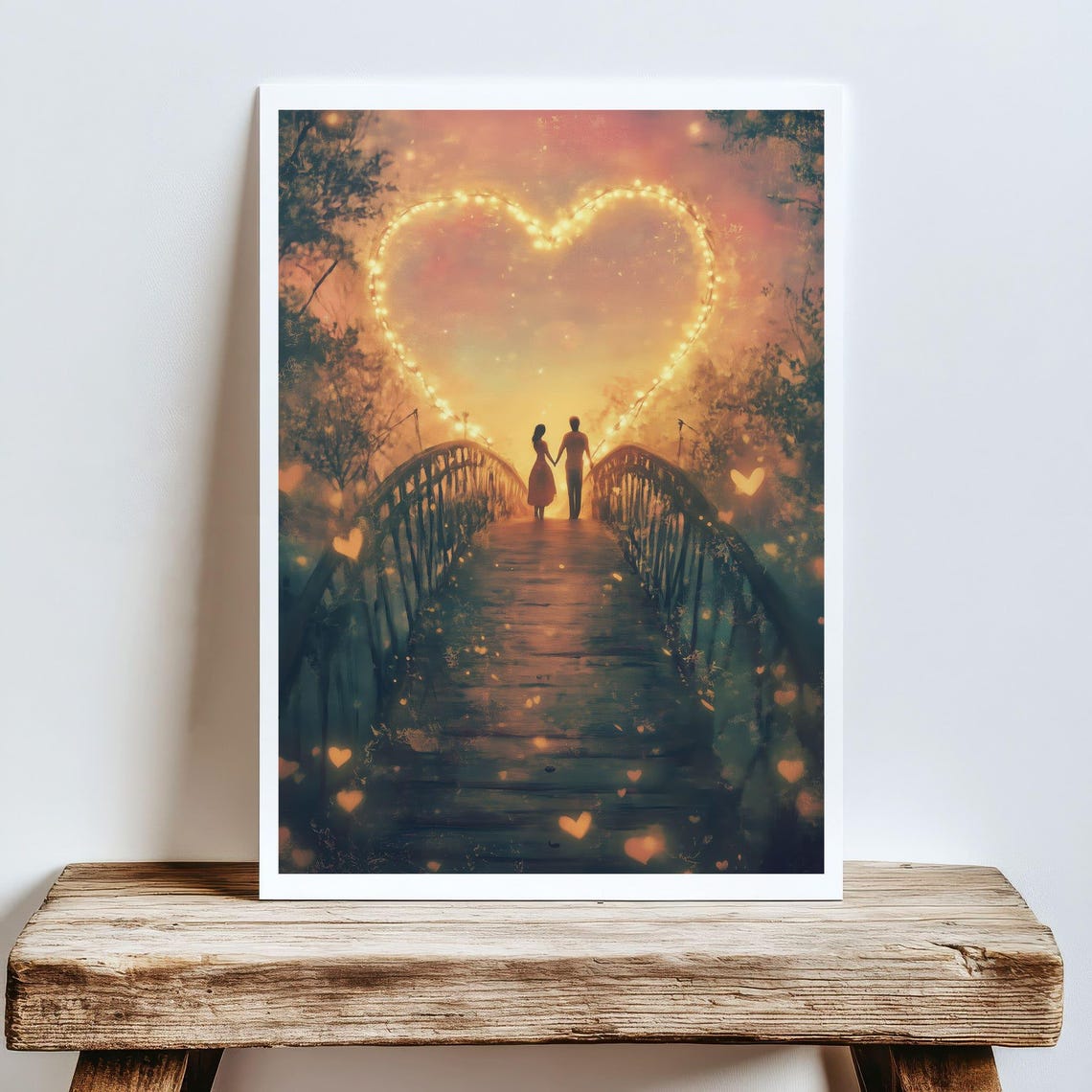 Romantic Couple On Bridge Beneath Heart Shaped Lights Art Poster - Image 5