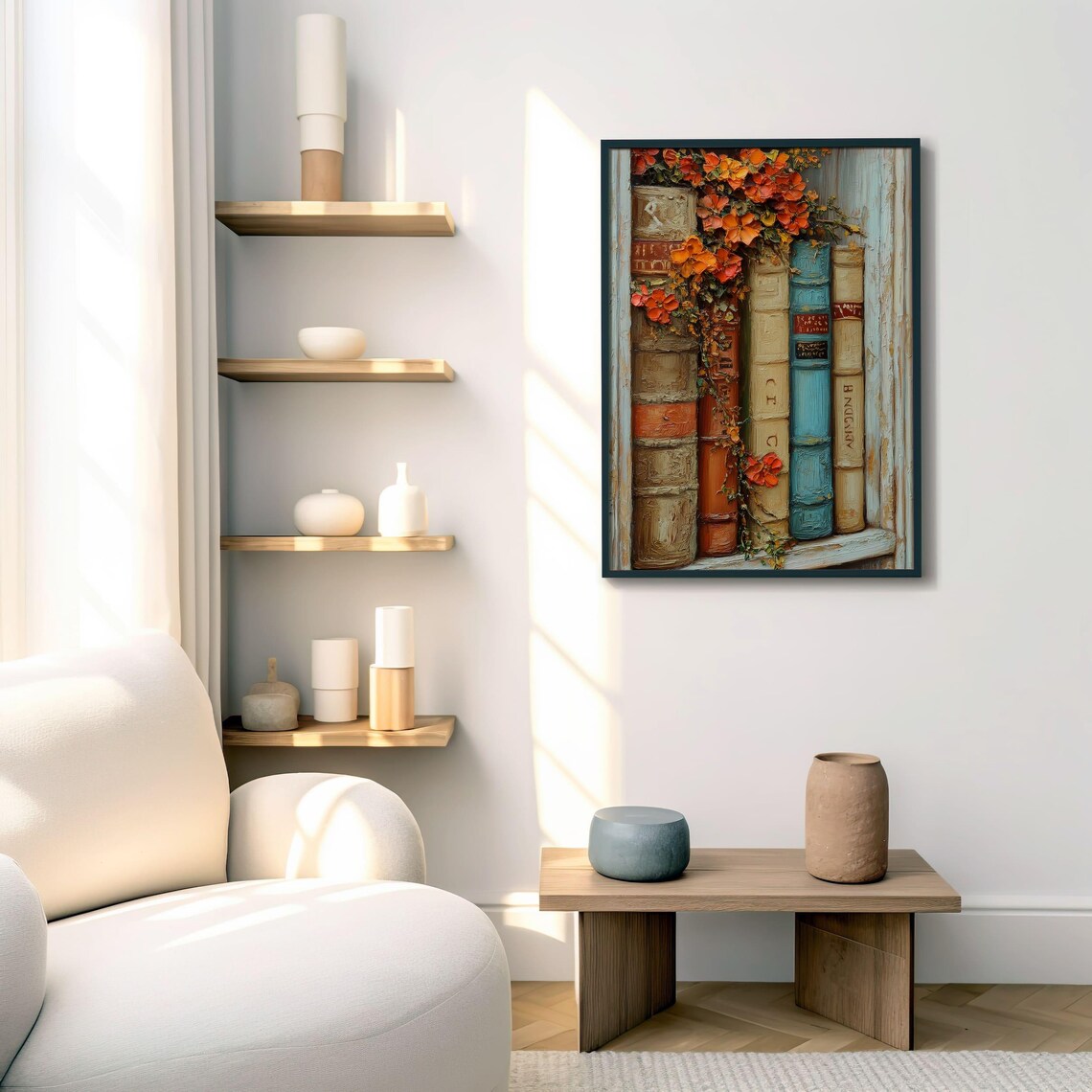 Vintage Books With Orange Flowers Impasto Oil Painting Poster - Image 5