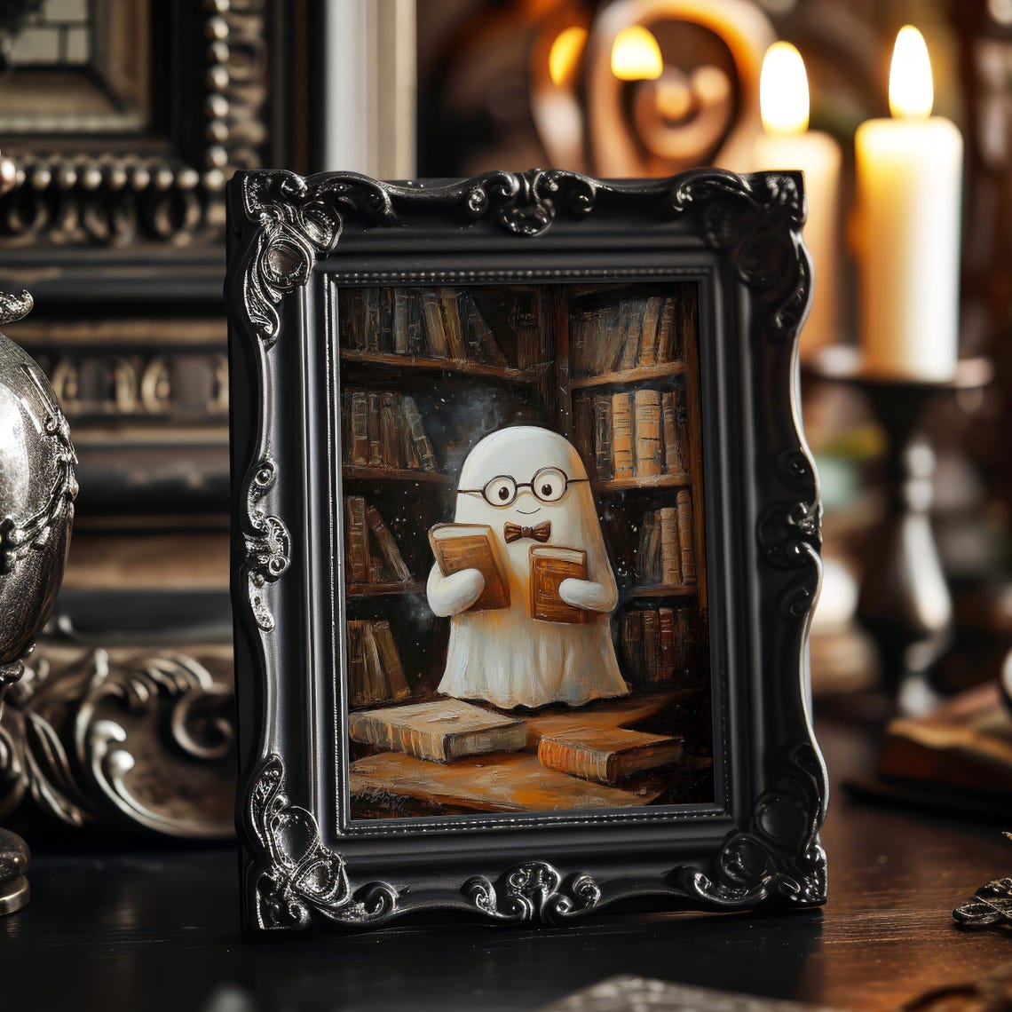 Cute Ghost Librarian Wearing Glasses and Bow Tie Halloween Art Poster - Image 8