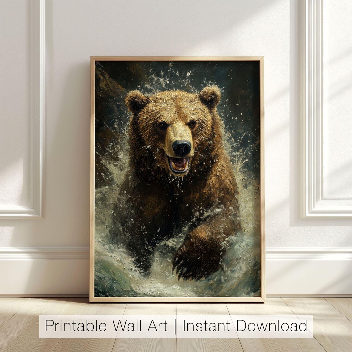 Brown Bear Splashing Water Dramatic Wilderness Wild River Grizzly Poster