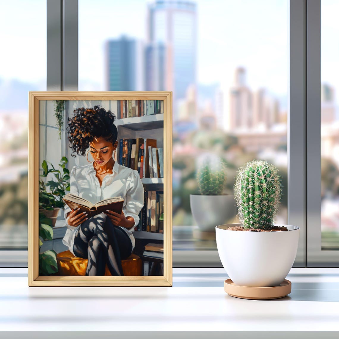 Black Woman With Curls Reading By Bright Window Bookshelf Poster - Image 5