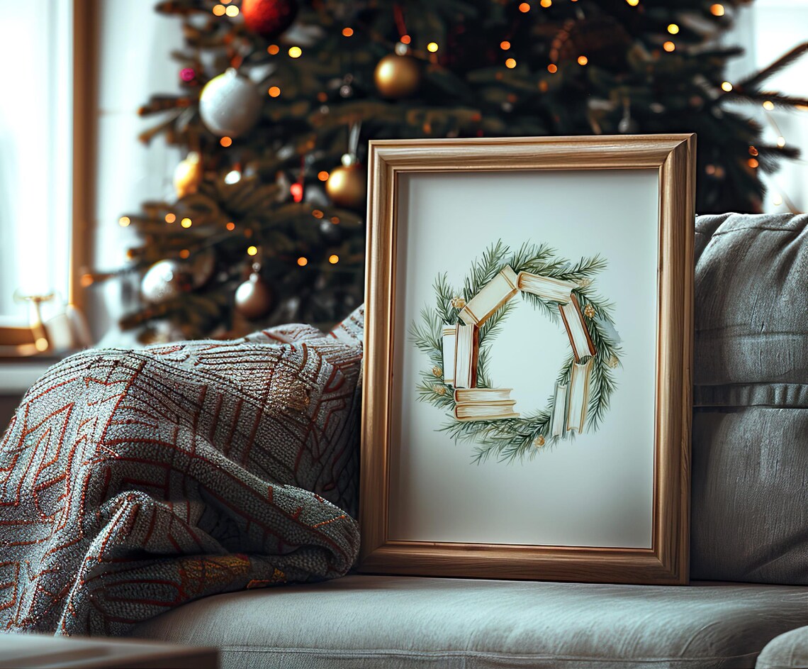 Watercolor Christmas Wreath of Books Pine Branches Holiday Poster - Image 4