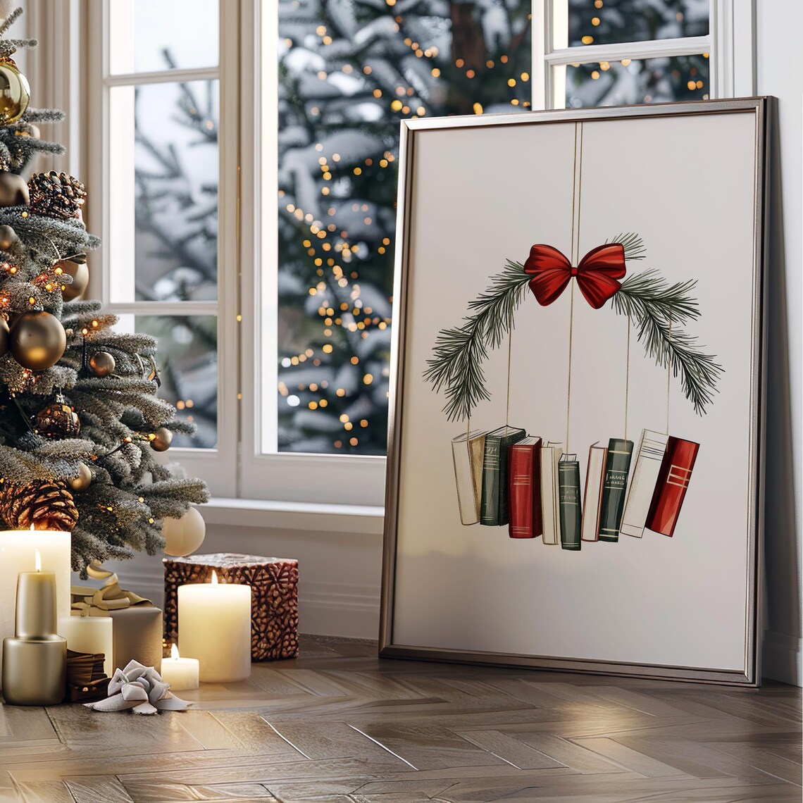 Christmas Book Wreath Hanging Books With Red Bow Holiday Decor Art Poster - Image 7