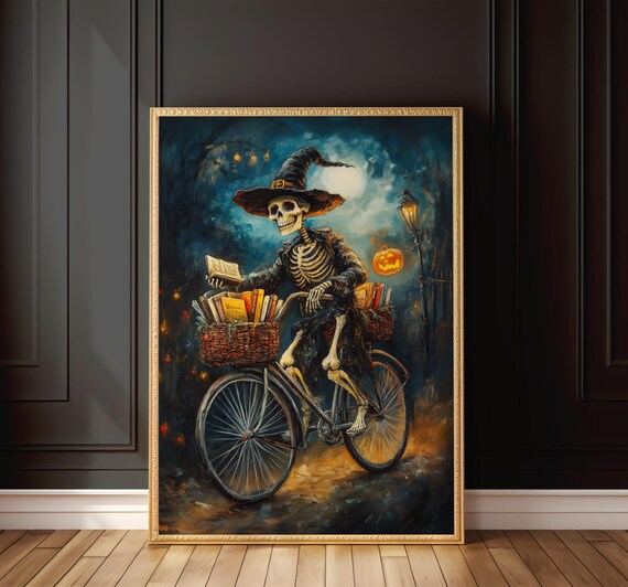 Skeleton Witch Riding Bicycle With Books On Halloween Night Poster