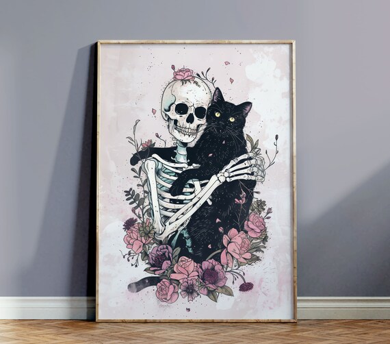 Gothic Skeleton Hugging Black Cat Dark Floral Illustration Print