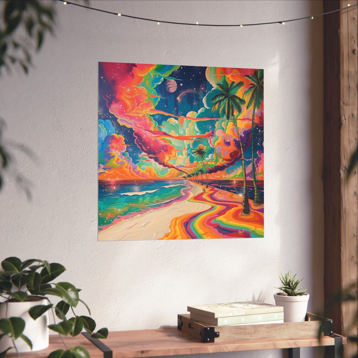 Space Rainbow Beach Poster, Abstract Ocean Art