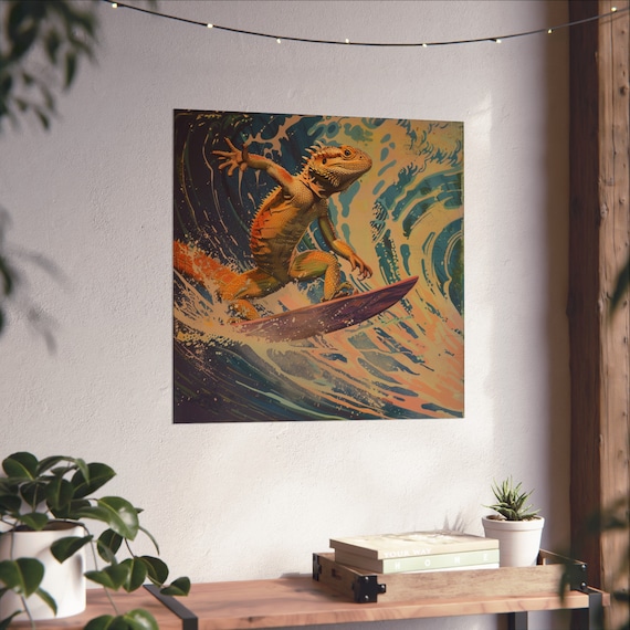 Retro Bearded Dragon Surfing A Wave Poster