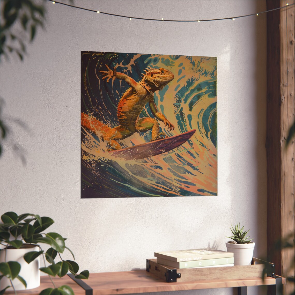 Retro Bearded Dragon Surfing A Wave Poster