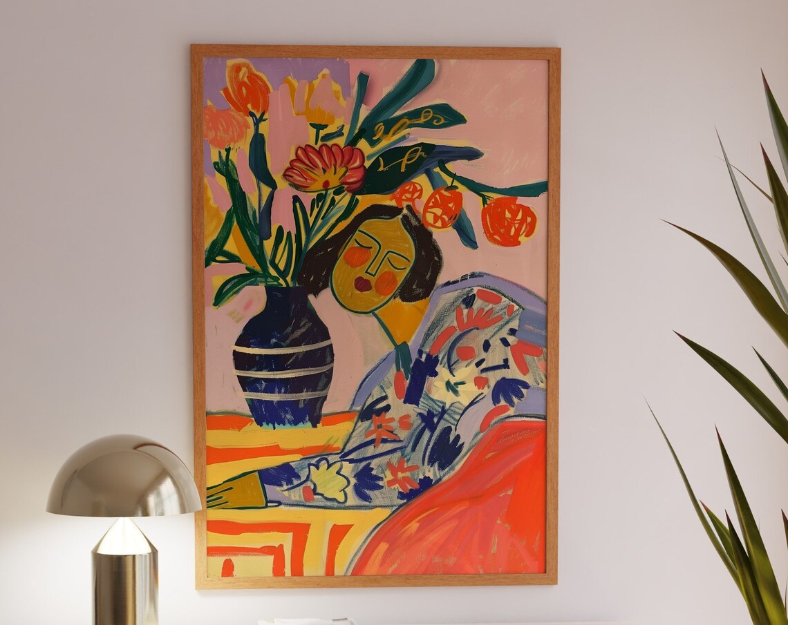 Dreamy Woman Leaning by a Blue Vase of Tulips Matisse Art Poster