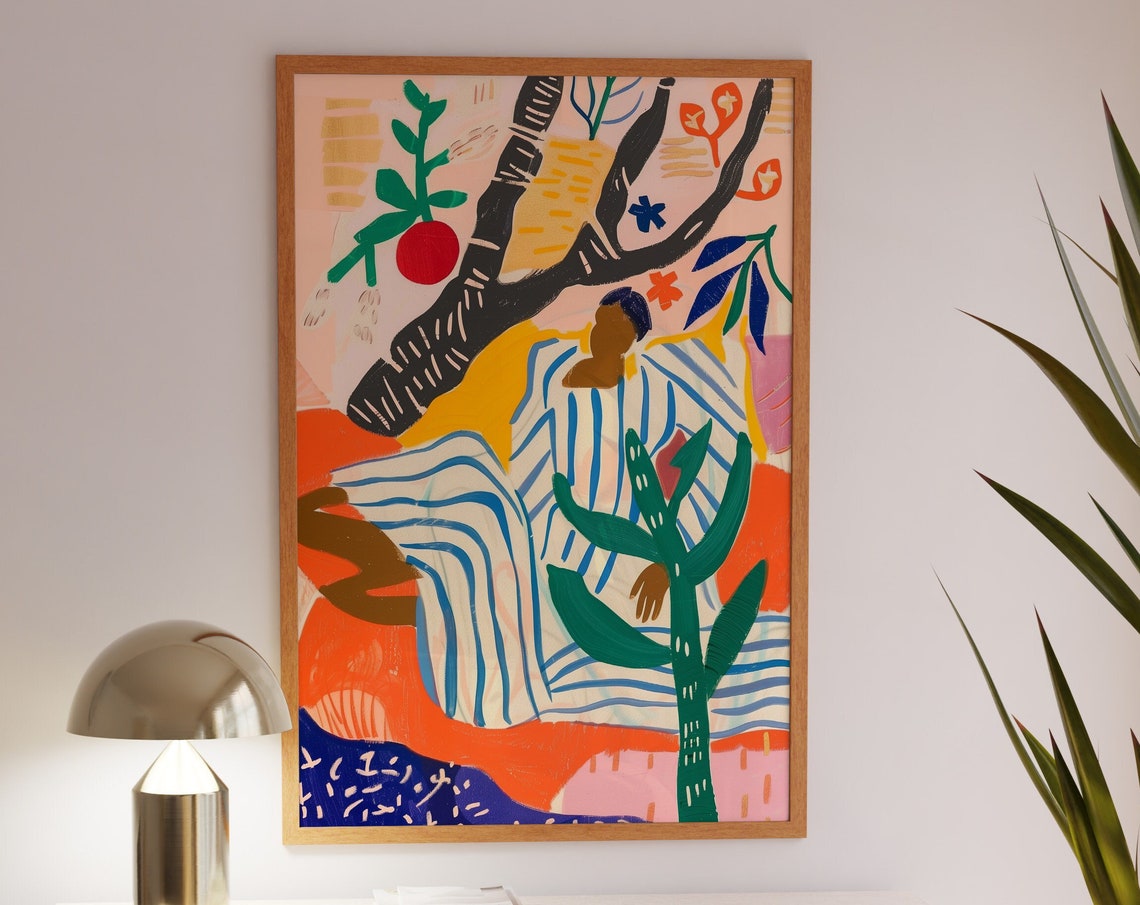 Figure Reclining Under Fruit Tree Striped Blanket Abstract Poster