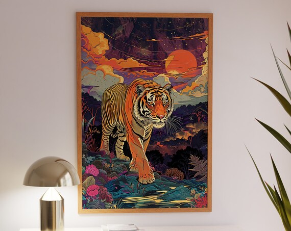 Majestic Tiger Walking Through Flowers at a Fiery Sunset Poster