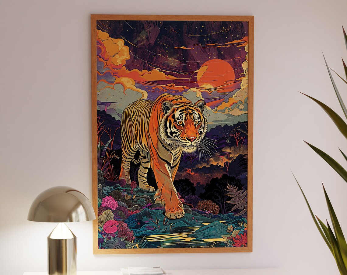 Majestic Tiger Walking Through Flowers at a Fiery Sunset Poster