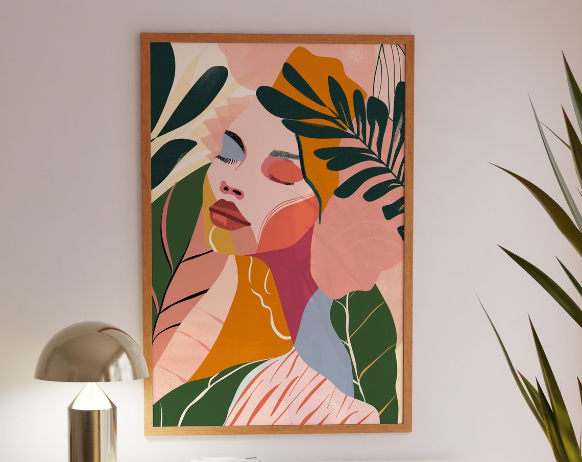 Woman Face Among Lush Tropical Leaves Dreamy Portrait Poster