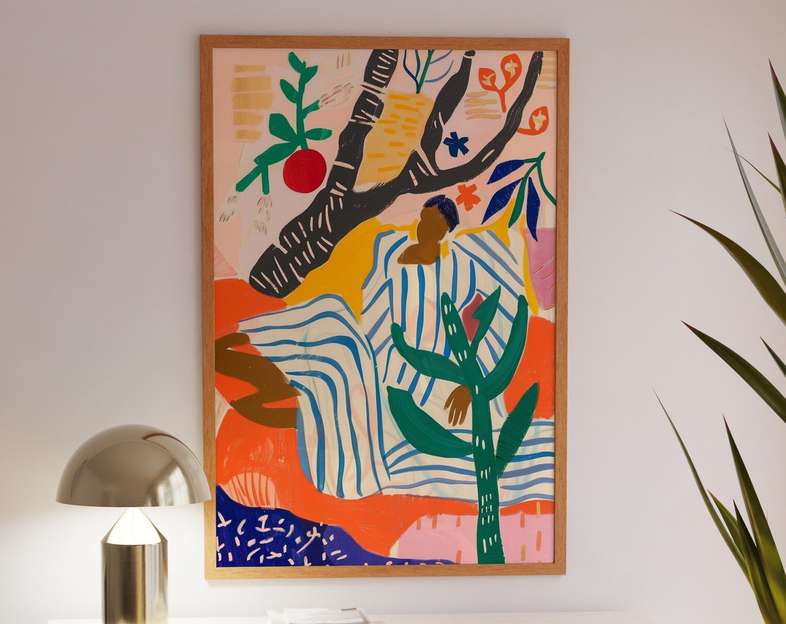 Colorful Abstract Figure Lounging Under a Stylized Tree Poster