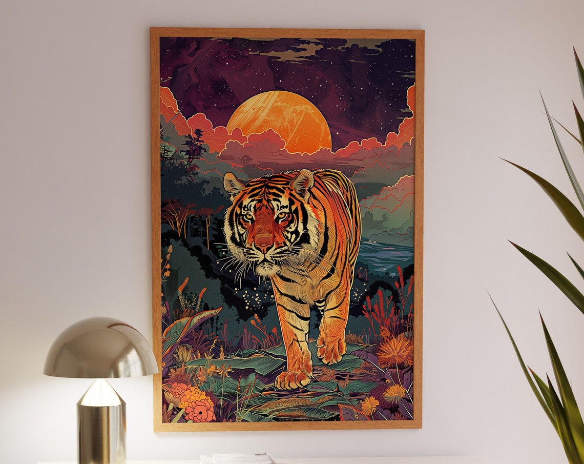 Tiger Walking Through Jungle At Sunset Poster With Golden Sun