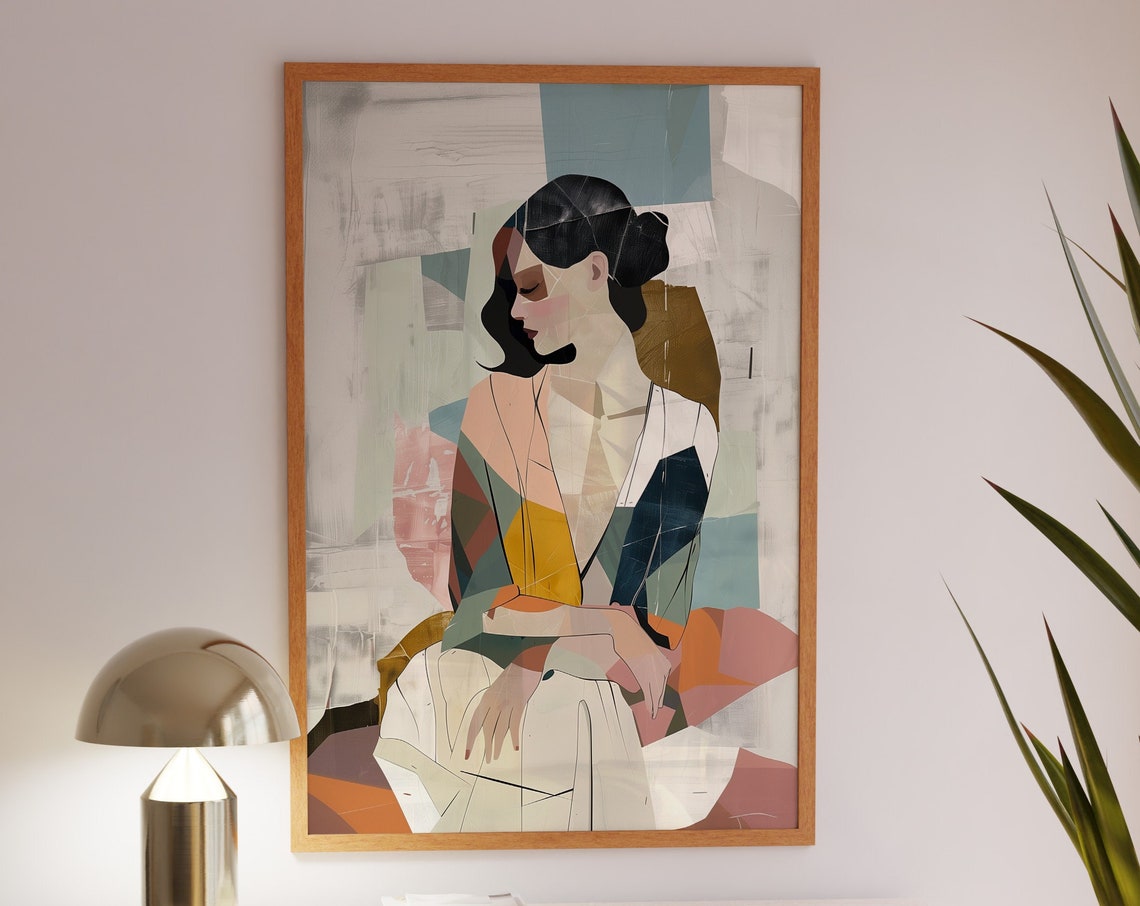 Modern Abstract Art Woman Portrait Print Boho Poster Feminine Geometric Portrait Minimalist Contemporary Home Decor