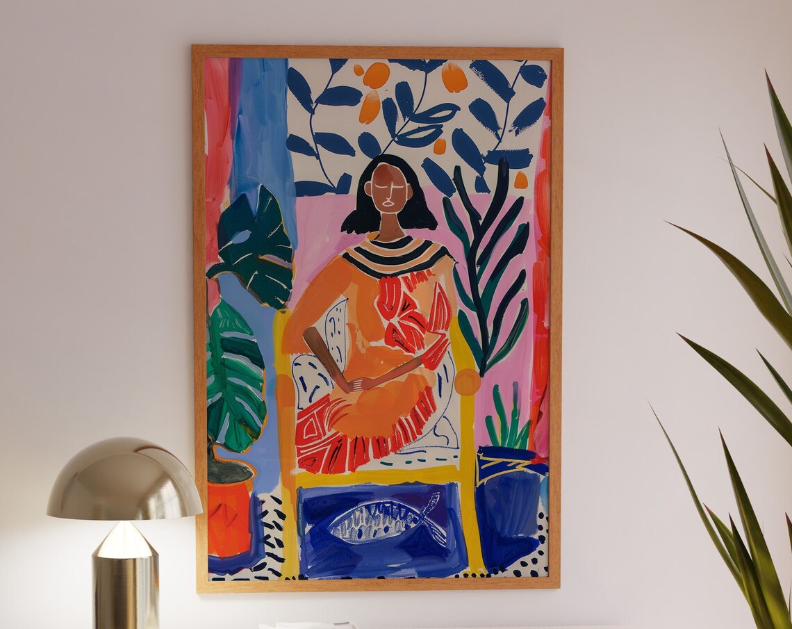 Seated Woman in a Vivid Orange Dress Among Tropical Plants Poster