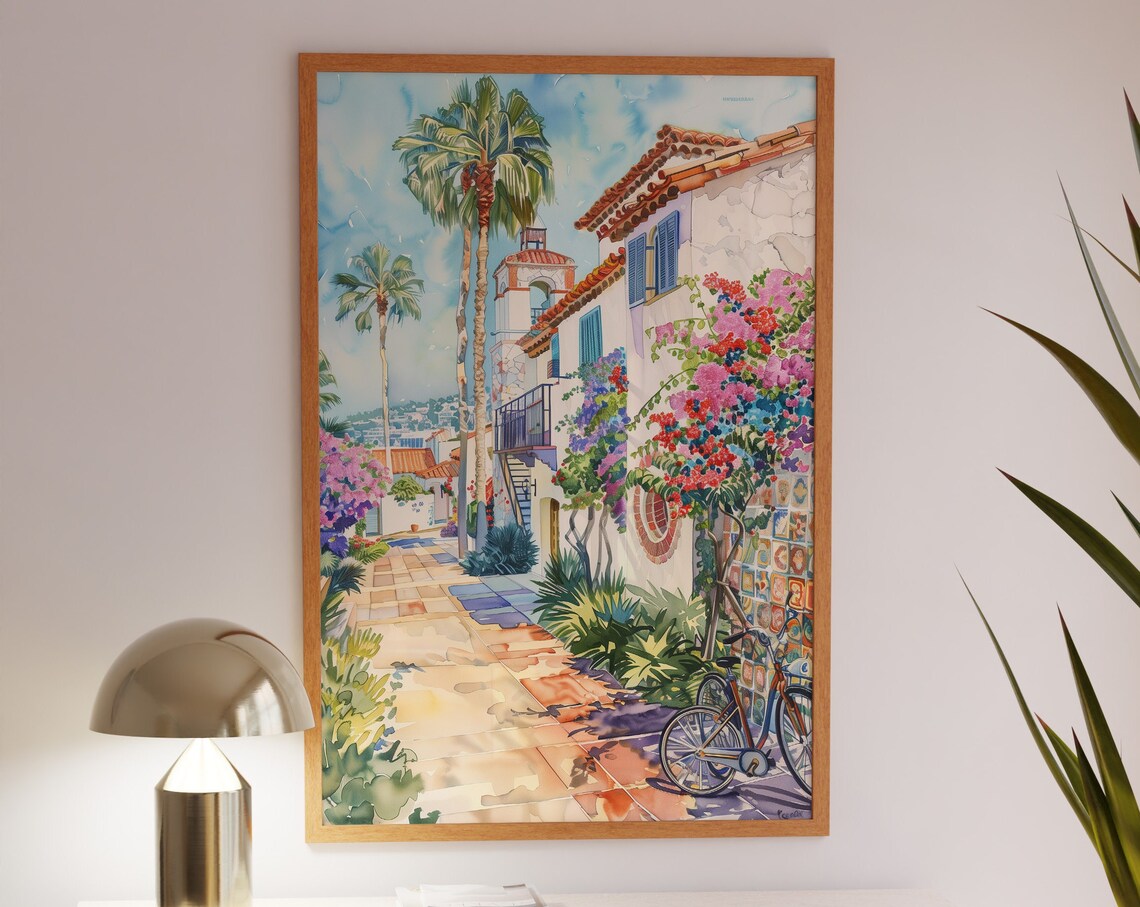 Sunny Mediterranean Alley with Palms, Flowers and Bicycles Poster