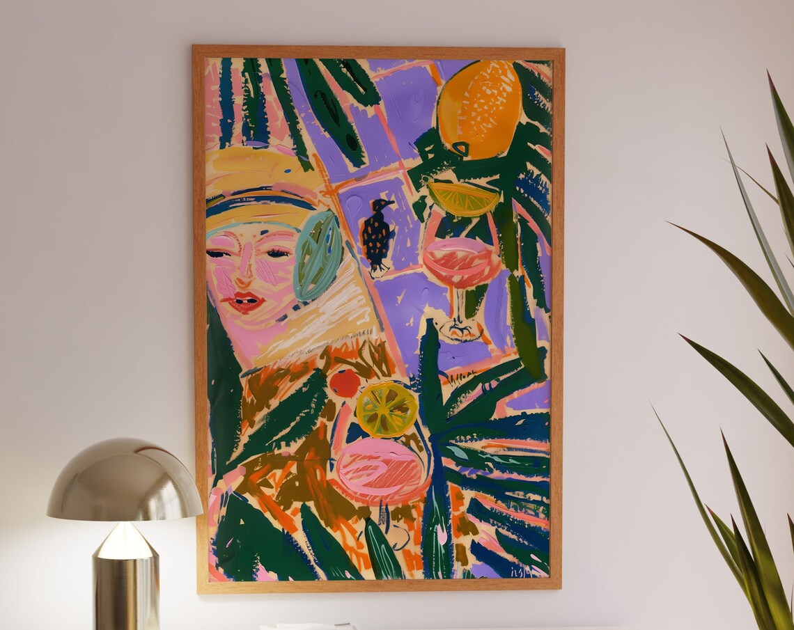 Woman Portrait With Cocktail Glasses Citrus Leaves Abstract Art Print