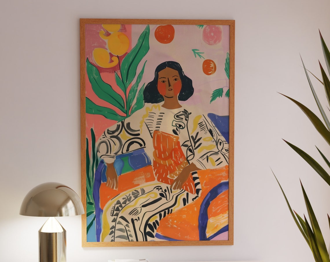 Serene Woman in Patterned Robe Beneath Citrus Fruit Trees Poster