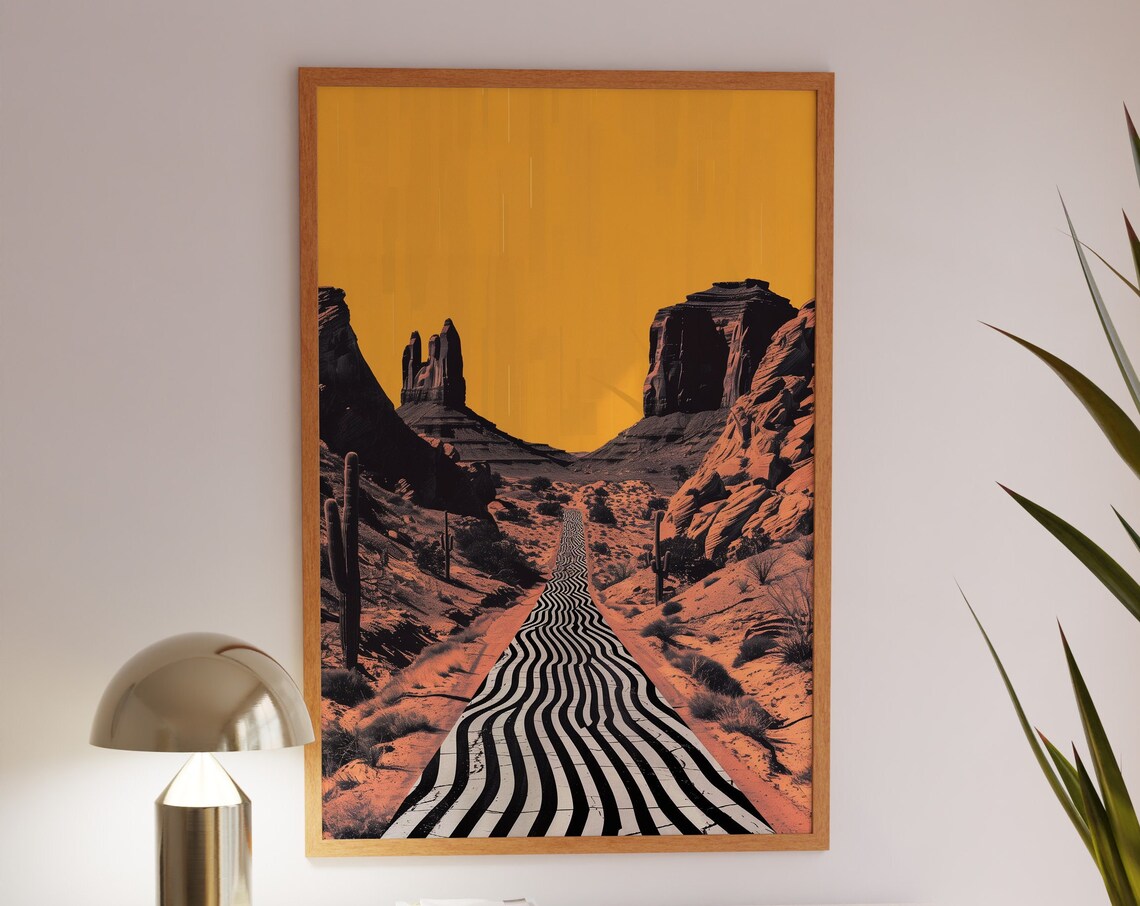 Graphic Wavy Striped Desert Canyon Road Under Golden Sky Poster
