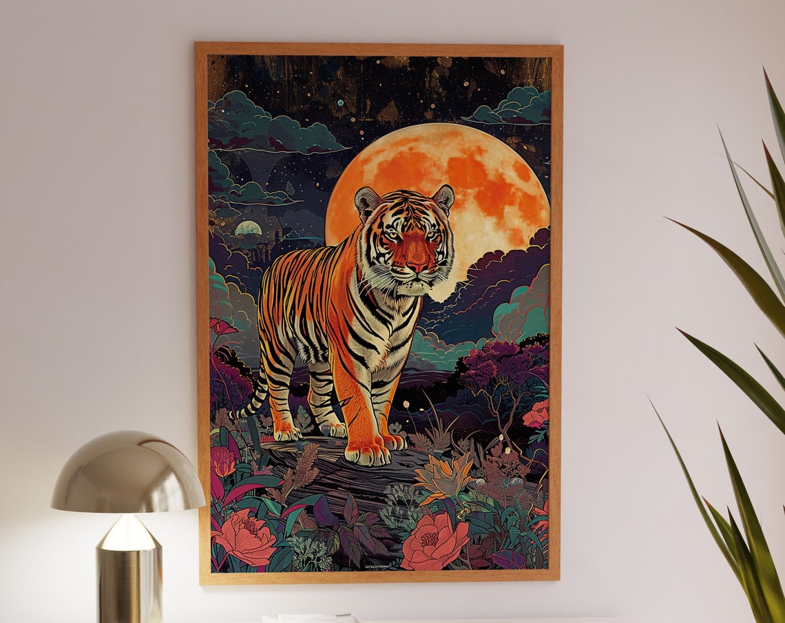 Tiger Standing Under Giant Moon Poster In Night Jungle Garden