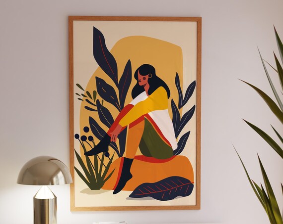 Seated Woman Among Bold Botanical Leaves Boho Nature Illustration Poster