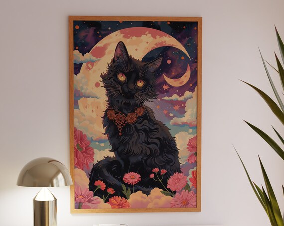 Mystical Black Cat Moonlit Sky Floral Fantasy Animal Wall Art