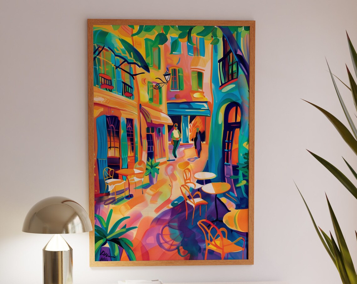 Sunny European Cafe Street Outdoor Seating Colorful Travel Poster