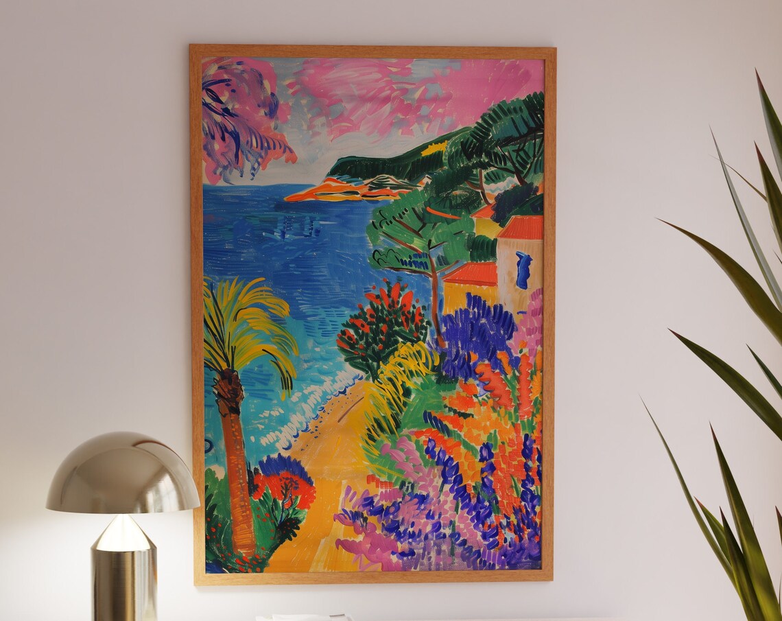 Expressionist Coastal Bay Palm Flowers Seaside Travel Poster