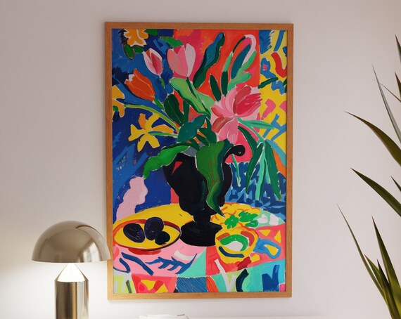 Bold Vase of Colorful Flowers in Matisse Style Still Life Poster