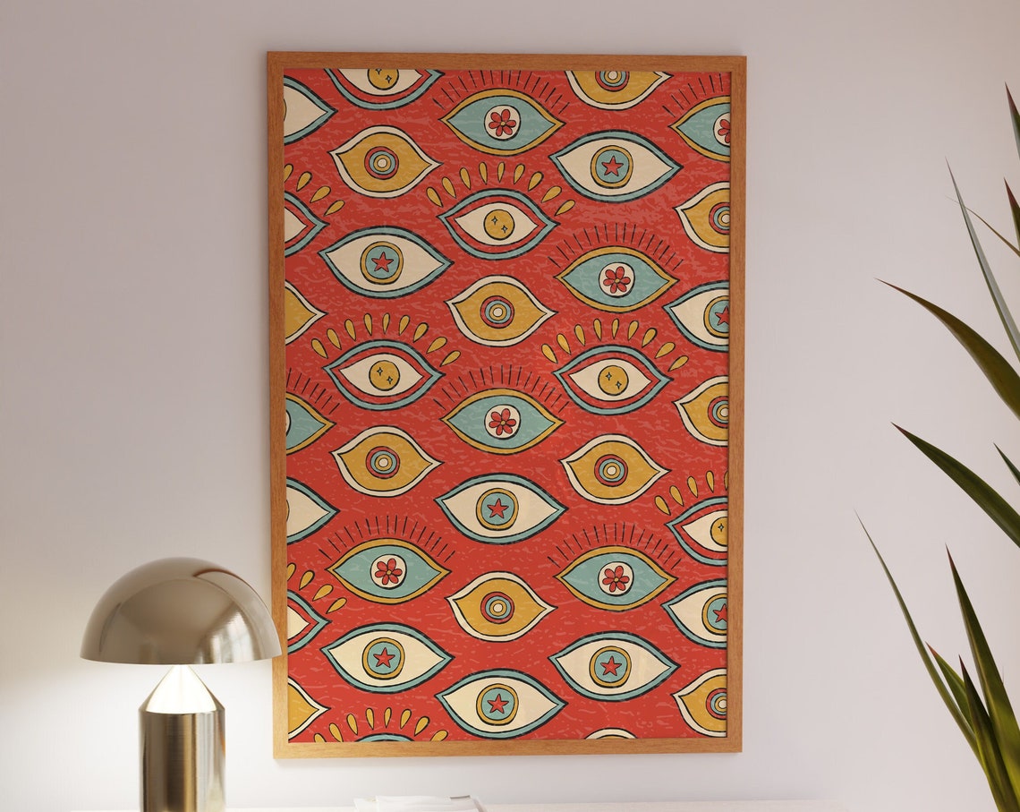 Red Evil Eye Pattern Boho Protective Amulet Retro Folk Art Poster