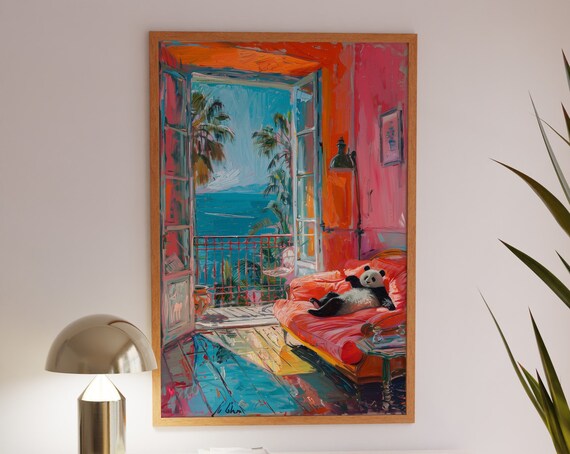 Adorable Lazy Panda Lounging on a Red Sofa by the Sea Art Poster