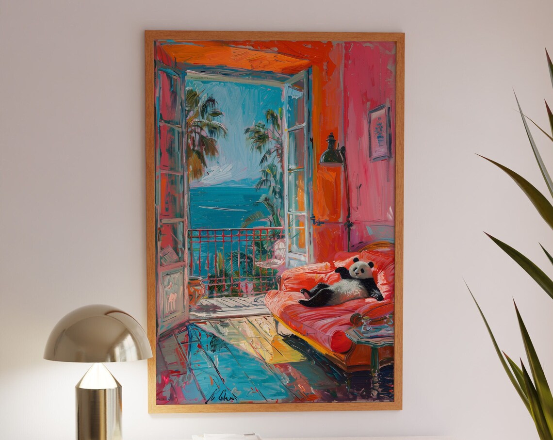 Adorable Lazy Panda Lounging on a Red Sofa by the Sea Art Poster