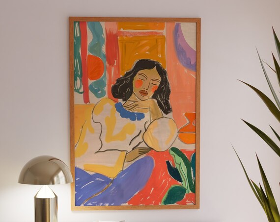 Serene Dreamy Seated Woman Surrounded by Bright Colors Poster