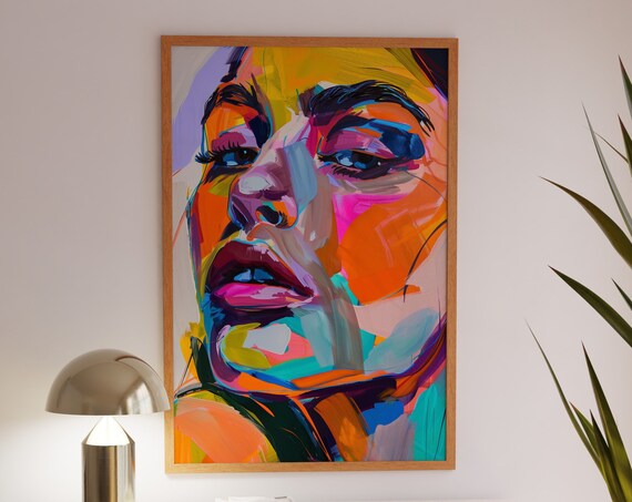 Bold Pop Art Woman Face in Neon Bright Colors Statement Poster