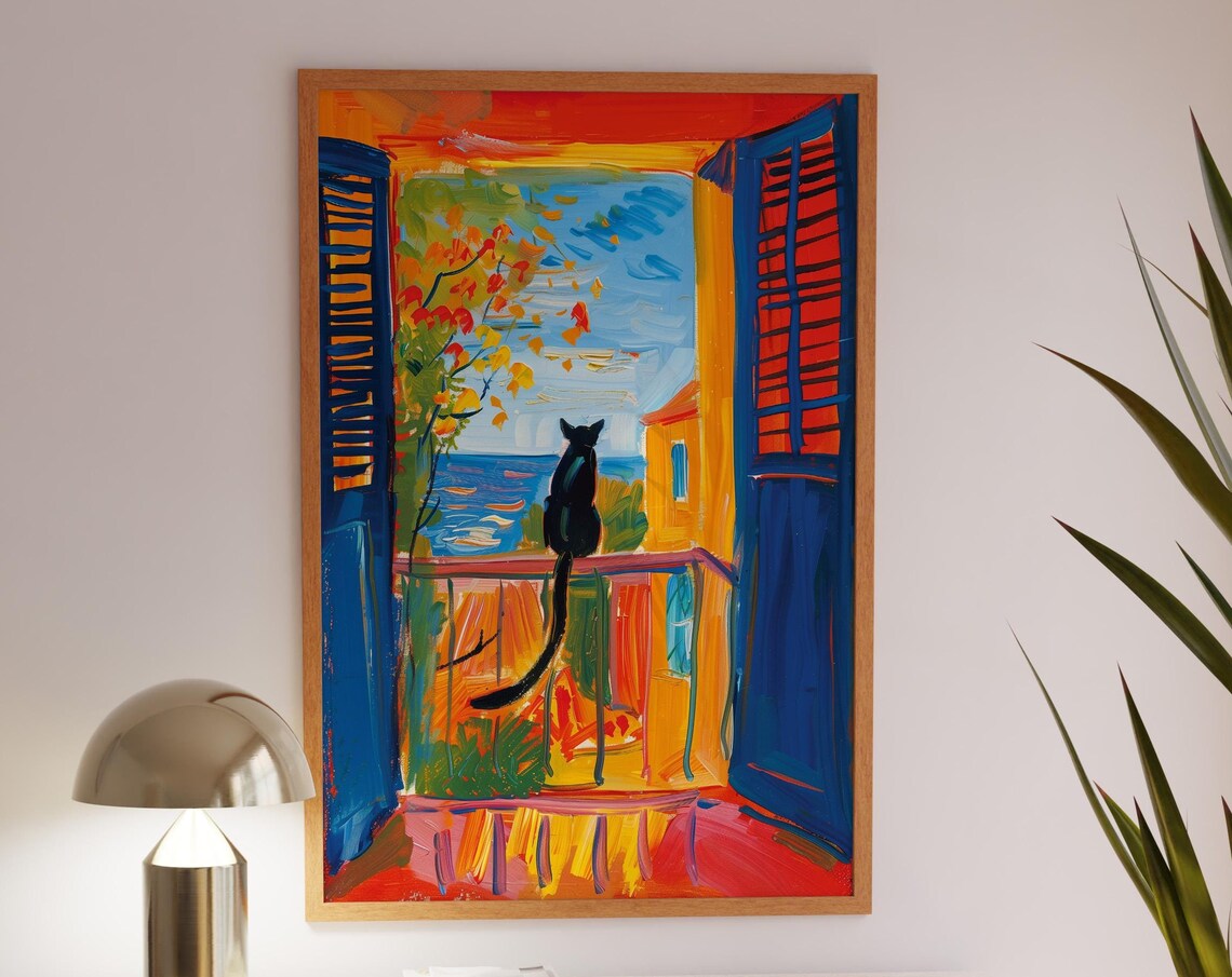 Cat on Balcony, Mediterranean Landscape Art Print