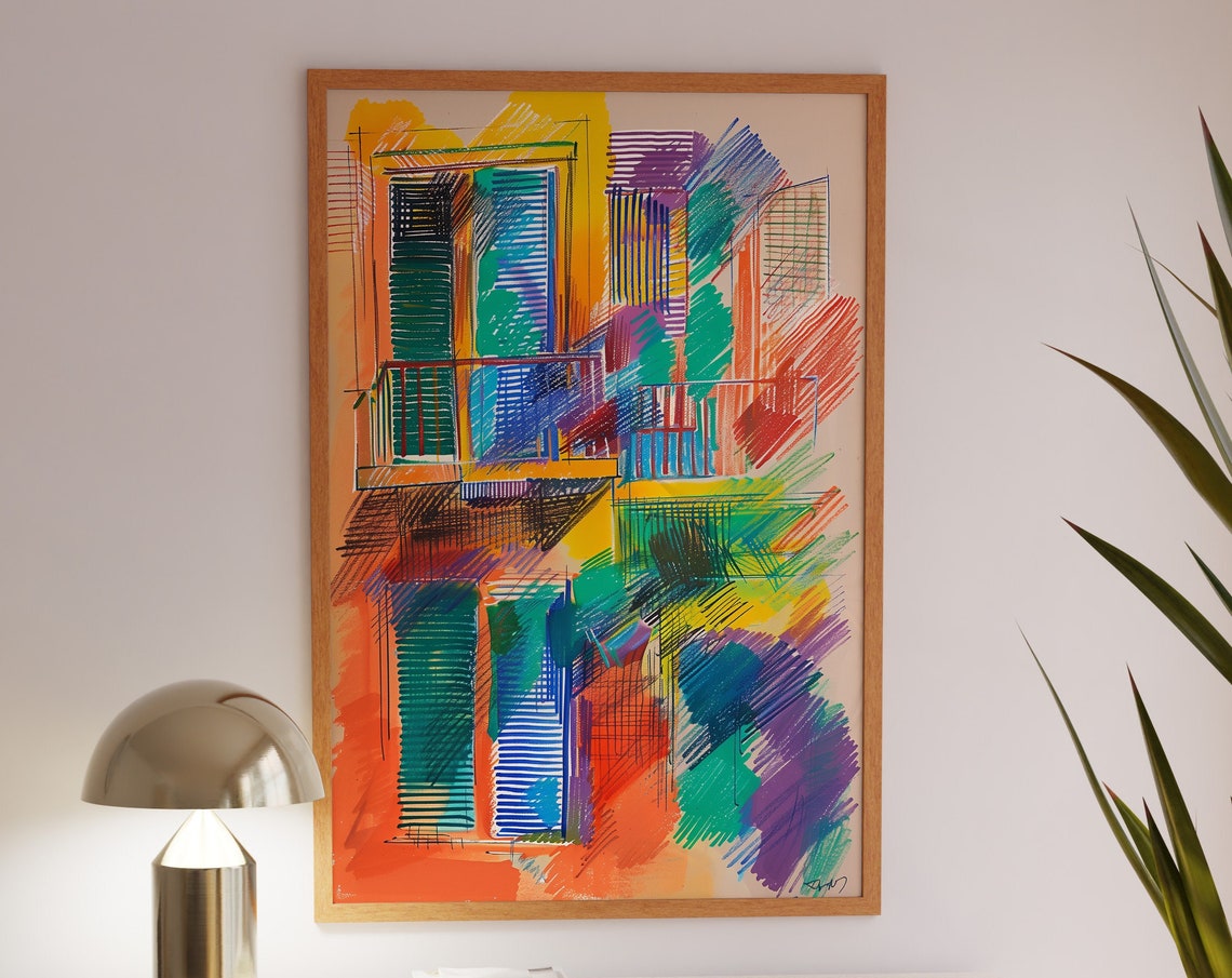 Vibrant Architectural Balcony Facade Sketch Colorful Modern Poster