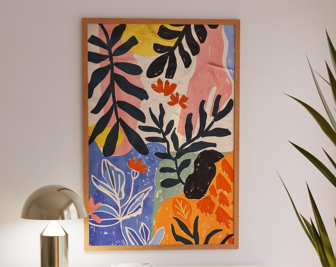 Black Palm Fronds Abstract Botanical Pink Blue Block Art Print