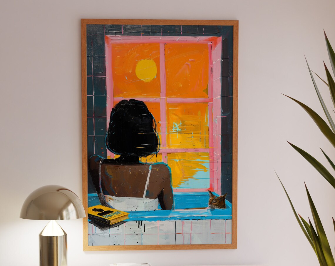 Woman Relaxing In Bath With Cat Sunset Window View Art Poster