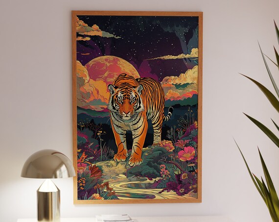 Majestic Tiger Beneath a Giant Red Sun in Starry Night Sky Poster