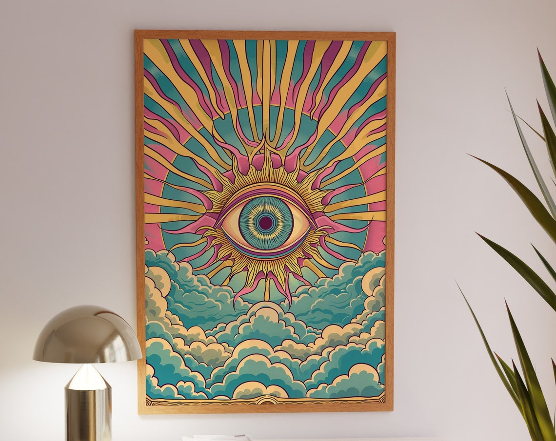 Psychedelic All Seeing Eye Radiant Sunburst Clouds Retro Wall Art