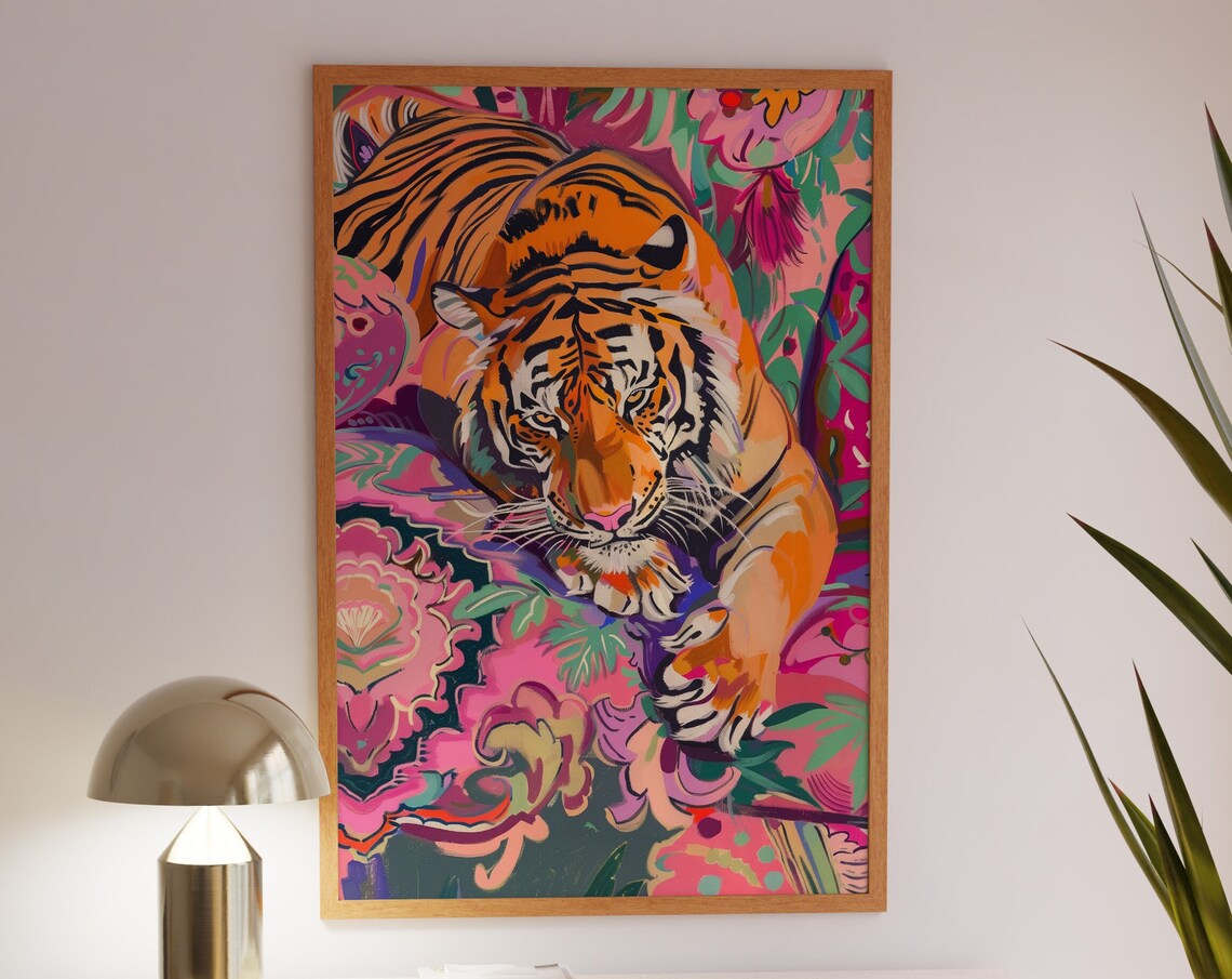 Orange Tiger Resting Among Pink Flowers Maximalist Art Print
