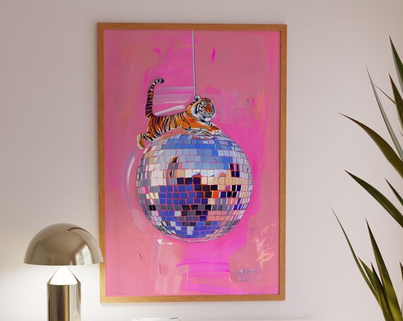 Tiger Lounging on Top of Giant Disco Ball Pink Maximalist Animal Poster