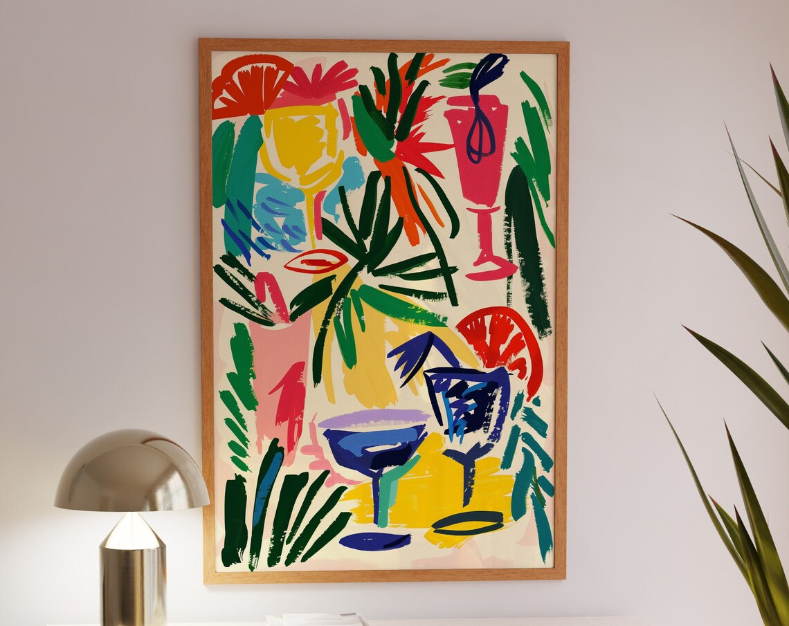 Tropical Cocktail Glasses Palm Leaves Colorful Bar Art Poster
