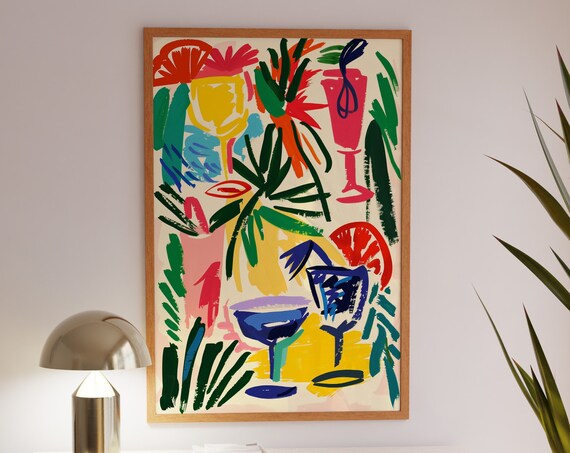 Tropical Cocktail Glasses Palm Leaves Colorful Bar Art Poster